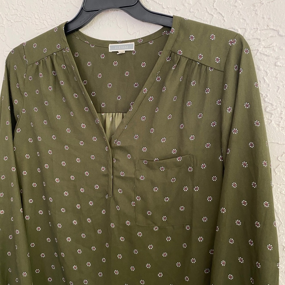 Pleione Prairie Cottoagecore Lightweight Henley Blouse Womens L Green Floral LS - Picture 2 of 9